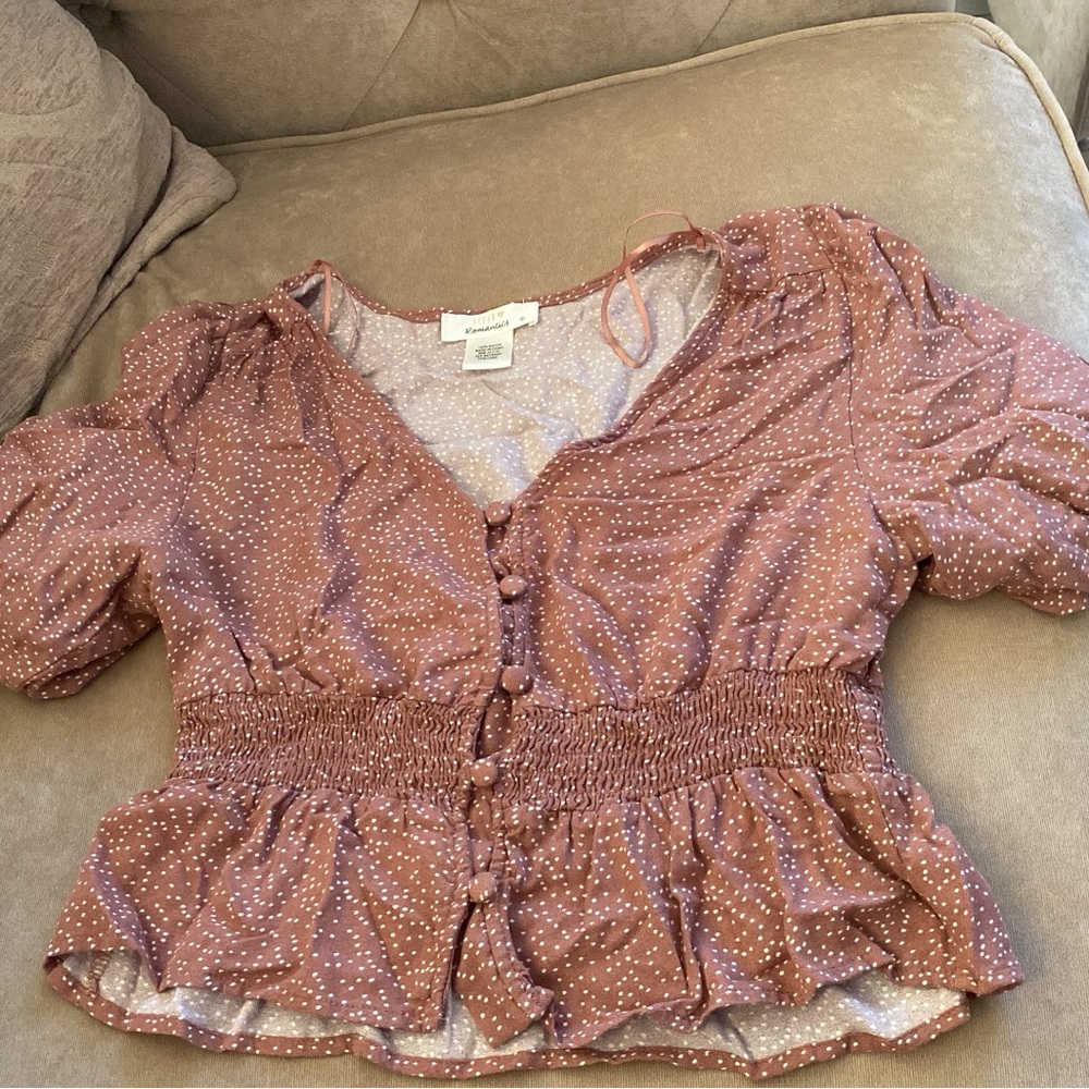 Rainbow Pink Smocked Peplum Blouse Short Sleeve